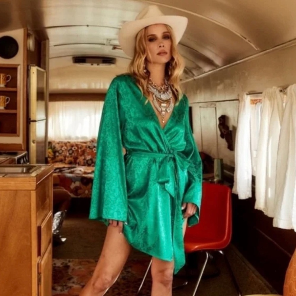 12th Tribe Gold Standard Emerald Jacquard Wrap Dress.